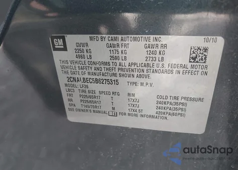 2011 Chevrolet Equinox Ls from USA, damaged, VIN 2CNALBEC5B6275315